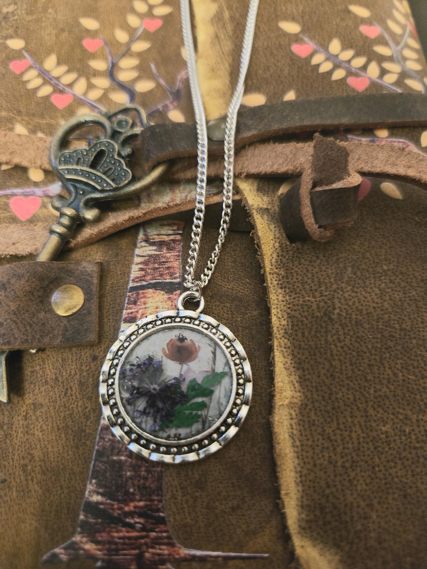 Wildflower Pendant Necklace: Real Dried Blooms, Silver Frame