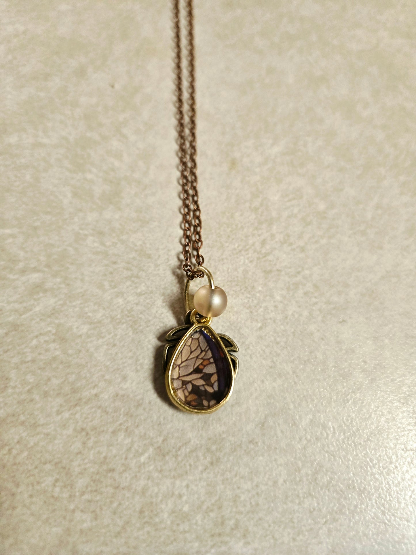 Nature-Inspired Teardrop Pendant Necklace with Pearl Accent – Handmade Mosaic Charm Jewelry