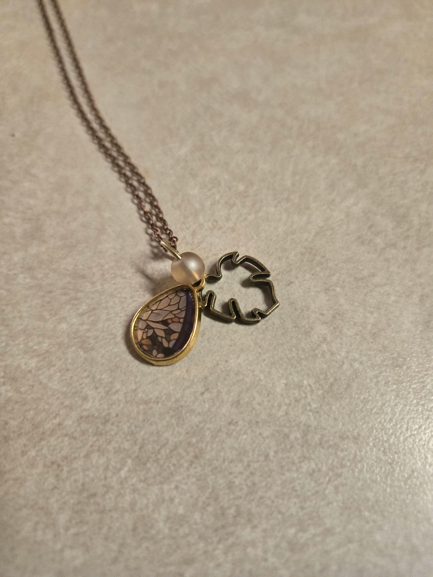 Nature-Inspired Teardrop Pendant Necklace with Pearl Accent – Handmade Mosaic Charm Jewelry