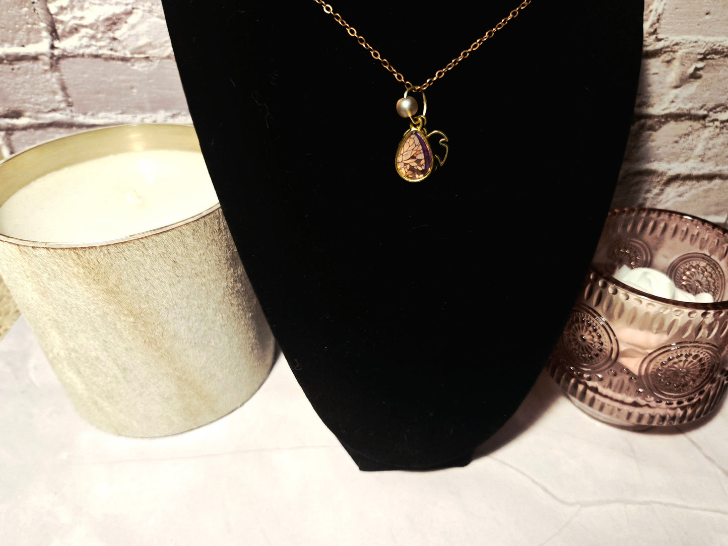 Nature-Inspired Teardrop Pendant Necklace with Pearl Accent – Handmade Mosaic Charm Jewelry