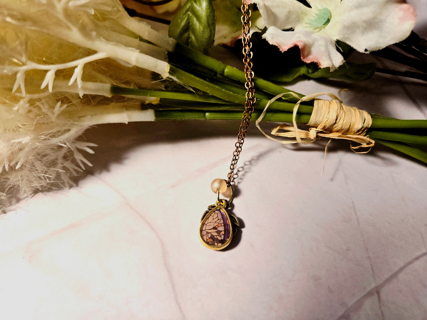 Nature-Inspired Teardrop Pendant Necklace with Pearl Accent – Handmade Mosaic Charm Jewelry