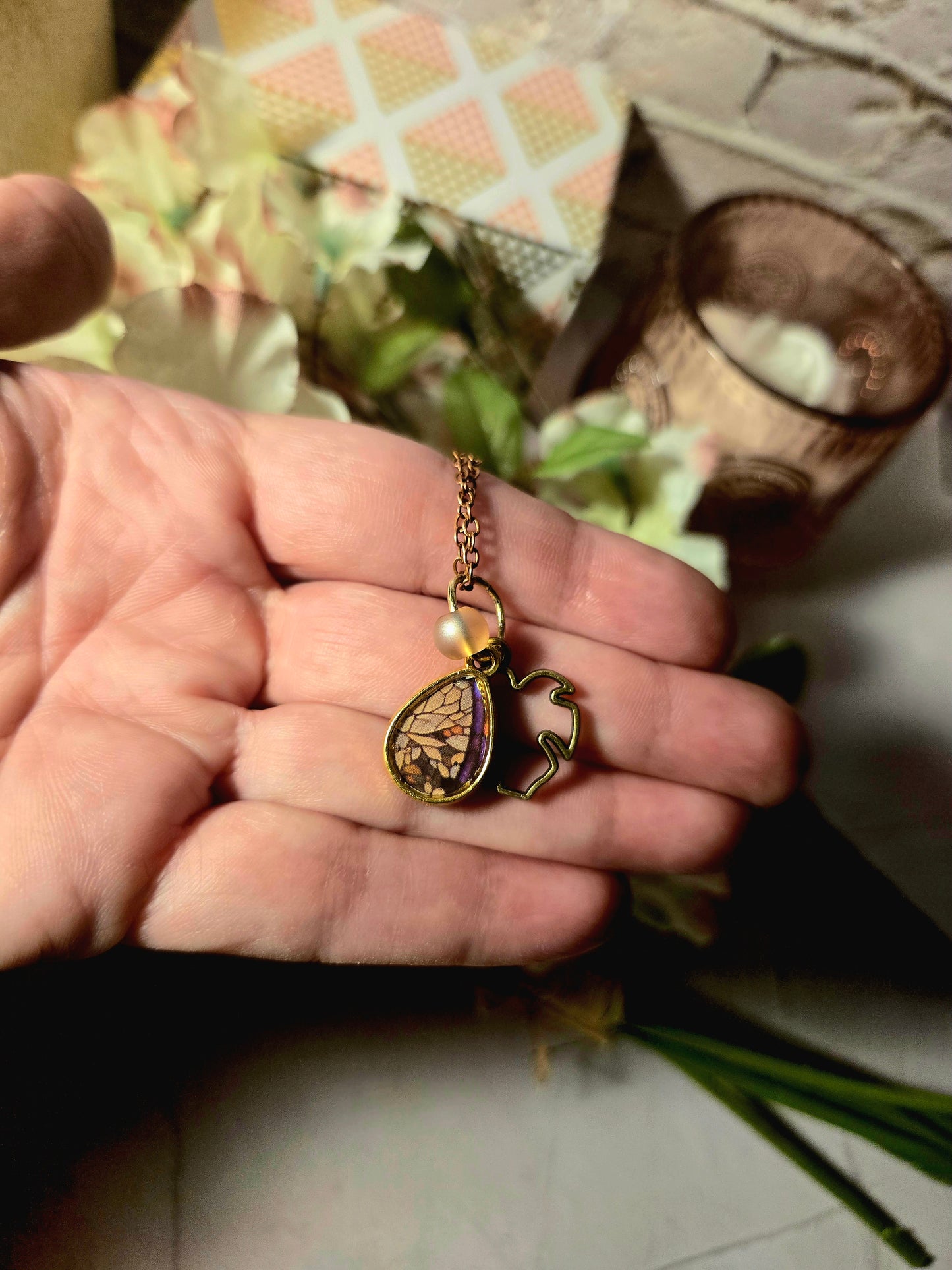 Nature-Inspired Teardrop Pendant Necklace with Pearl Accent – Handmade Mosaic Charm Jewelry