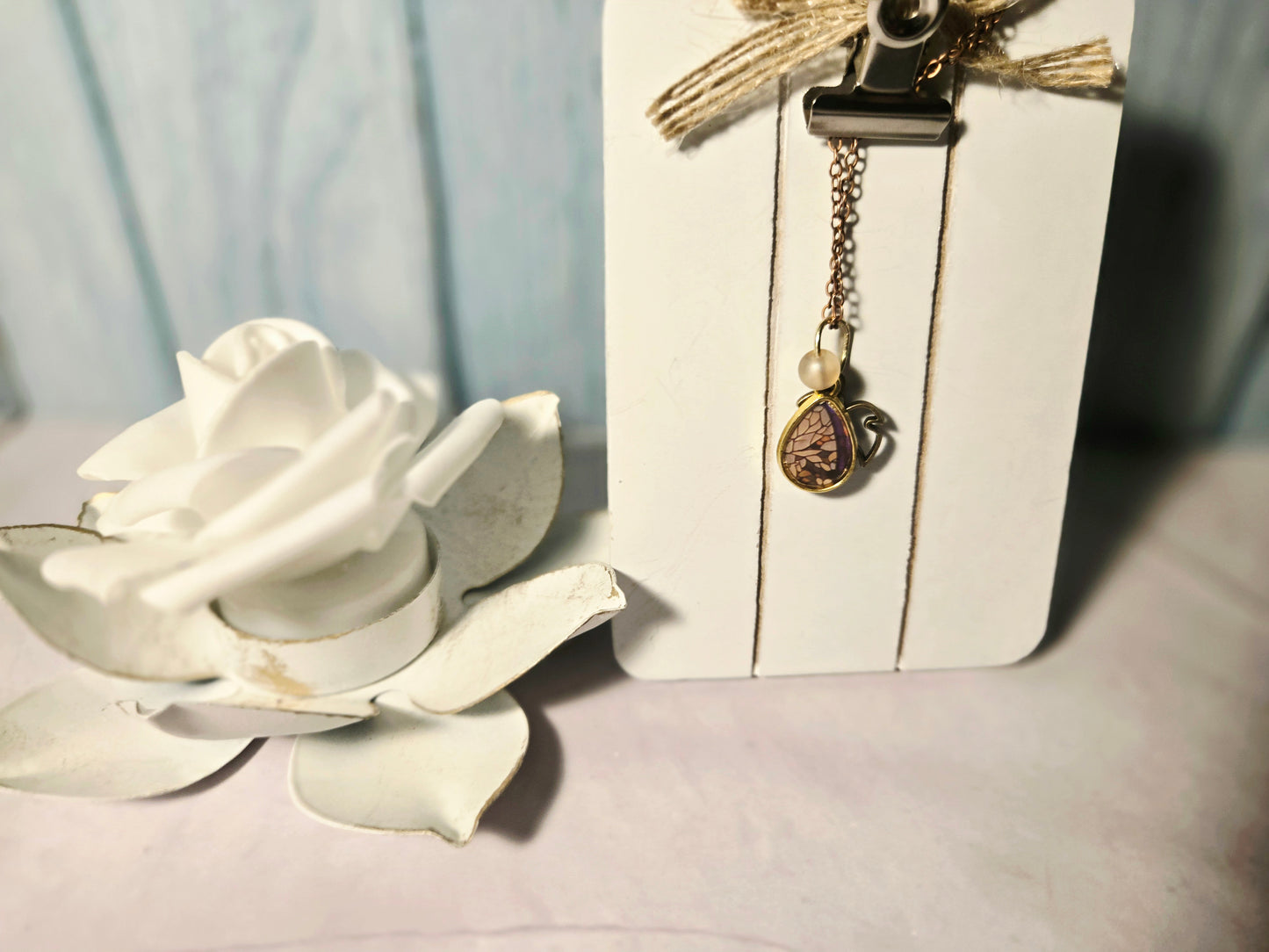 Nature-Inspired Teardrop Pendant Necklace with Pearl Accent – Handmade Mosaic Charm Jewelry