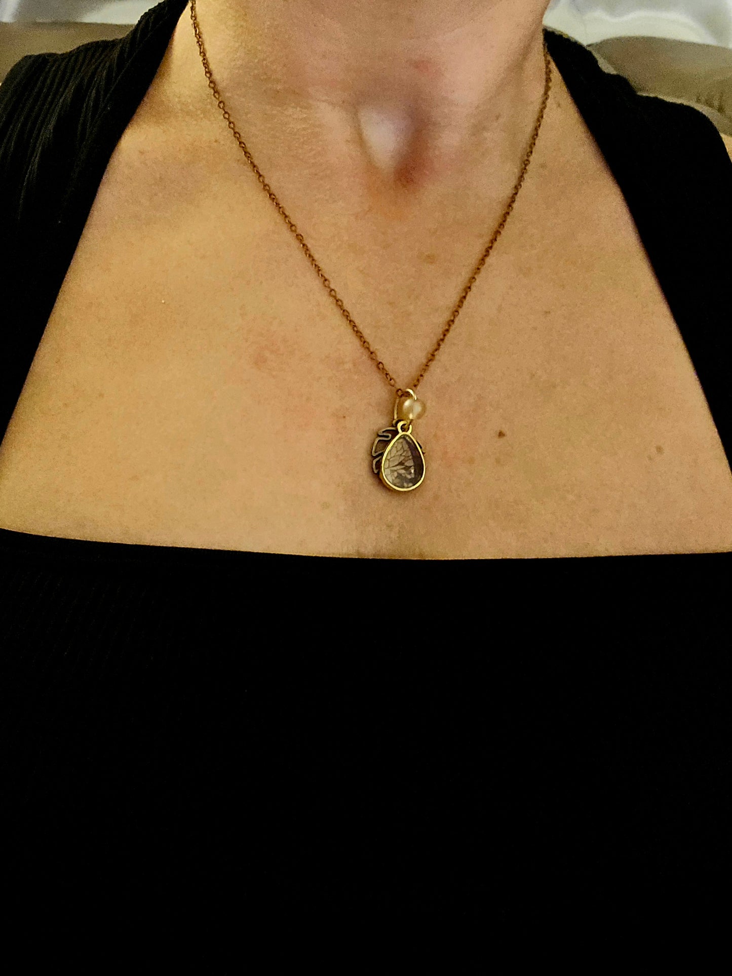Nature-Inspired Teardrop Pendant Necklace with Pearl Accent – Handmade Mosaic Charm Jewelry