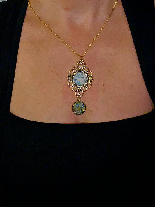 Vintage Flower Pendant Necklace – Antique Brass Double Charm Necklace – Nature Inspired