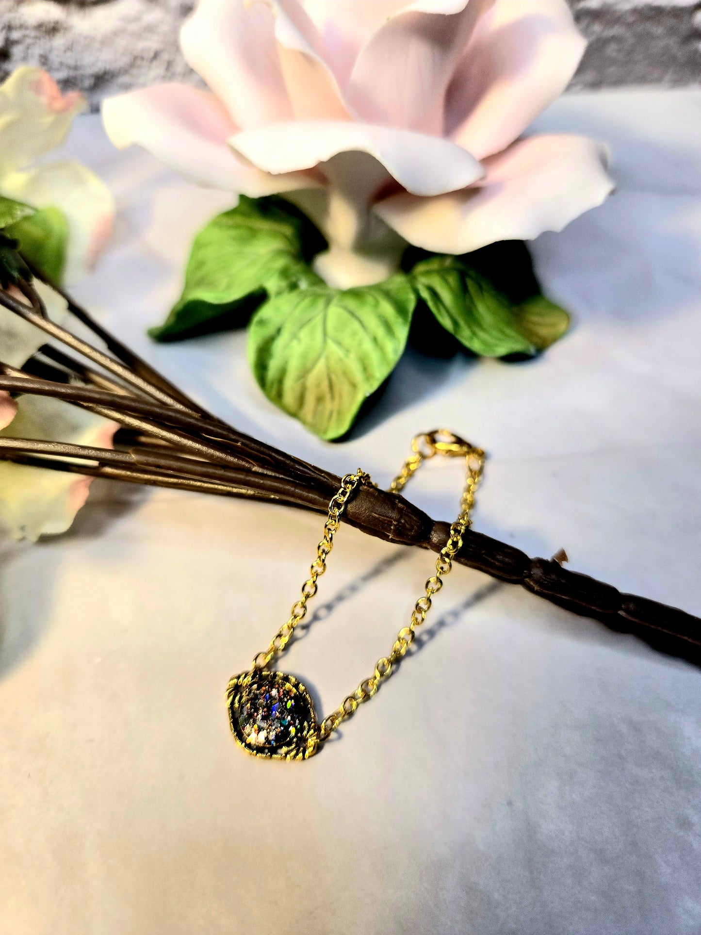 Boho Druzy Flower Bracelet: Antique Bronze Chain, Enamel Charm