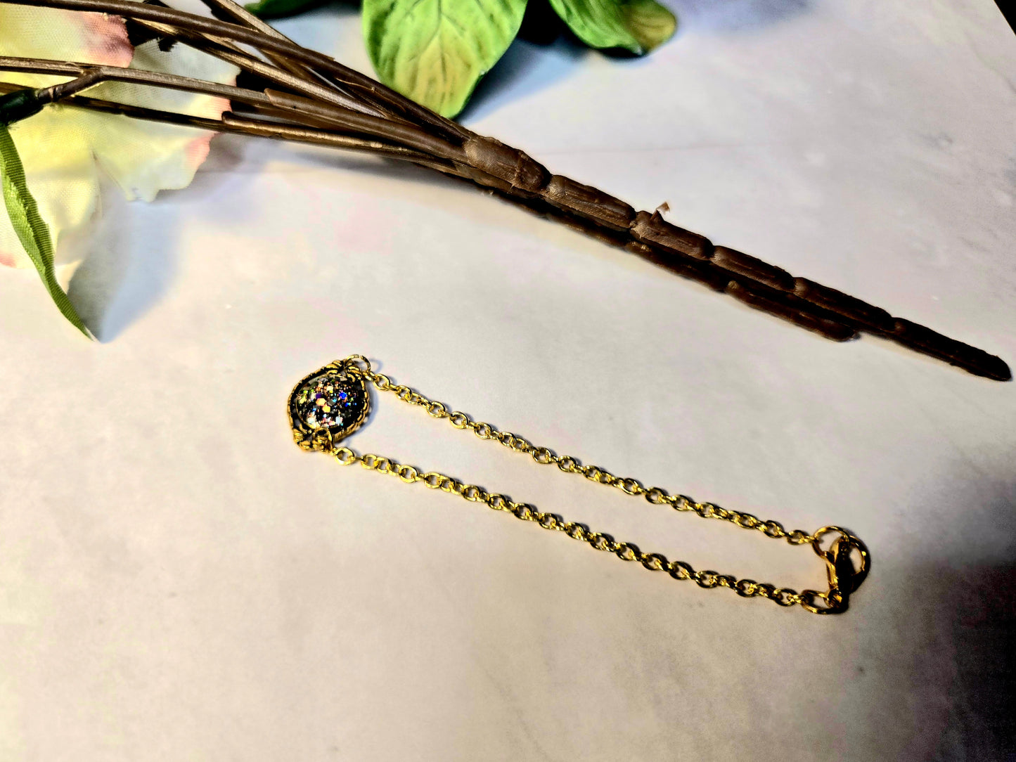 Boho Druzy Flower Bracelet: Antique Bronze Chain, Enamel Charm