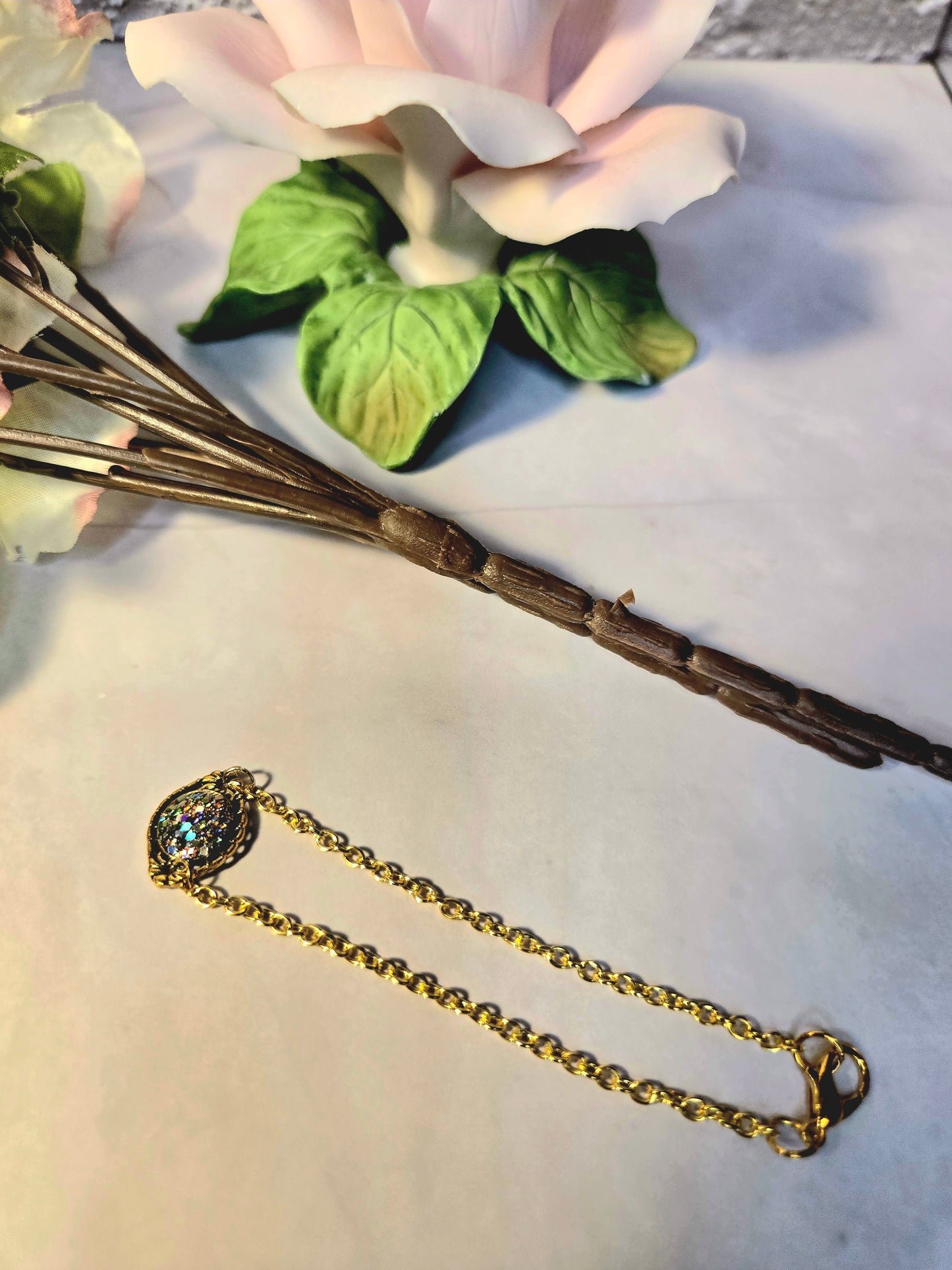 Boho Druzy Flower Bracelet: Antique Bronze Chain, Enamel Charm