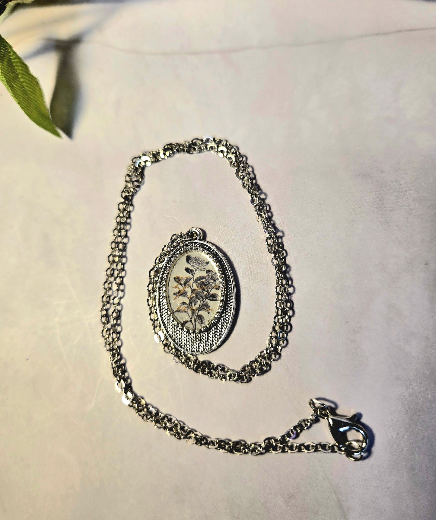 Vintage Black and White Floral Cameo Necklace – Handmade Oval Pendant