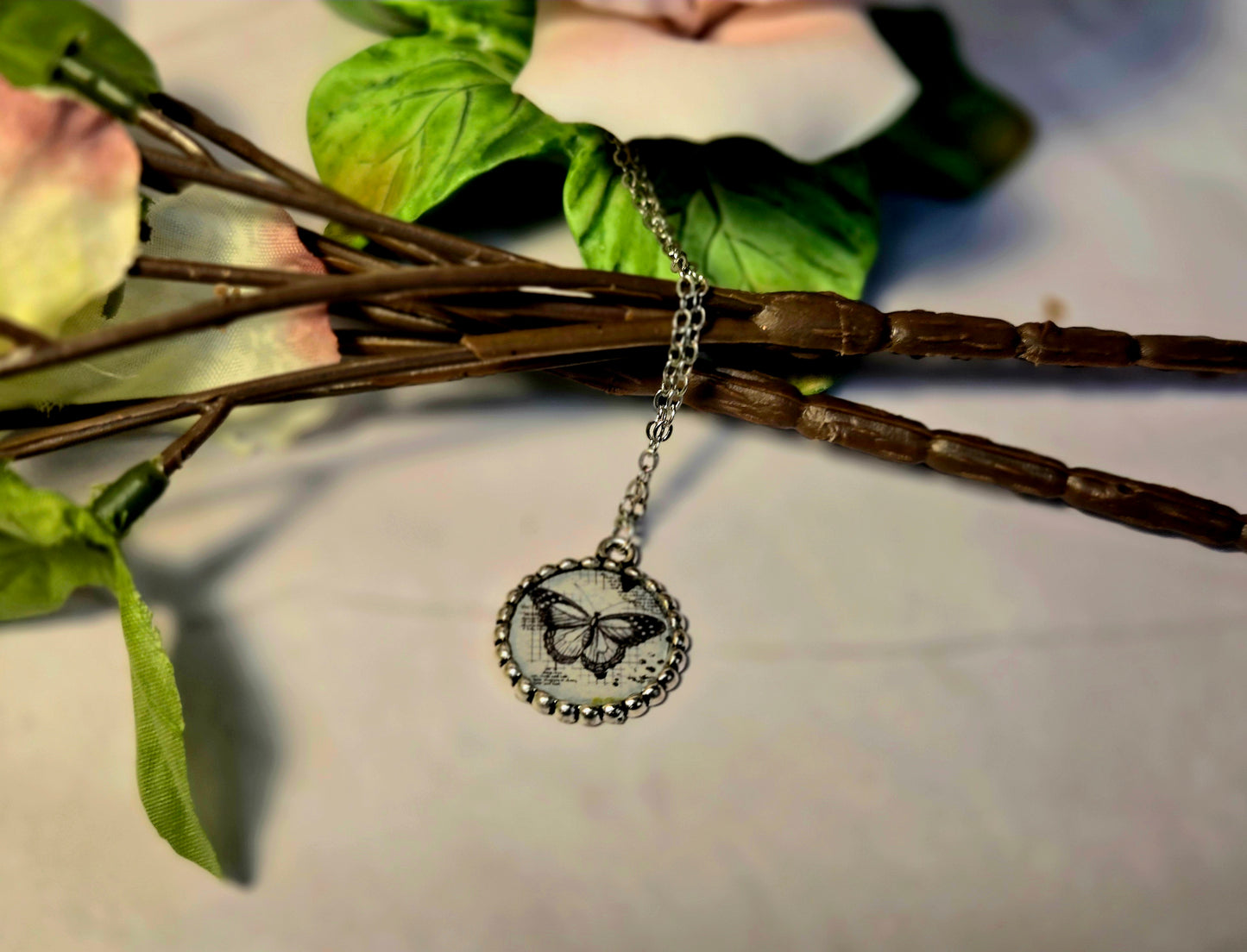 Vintage Butterfly Postcard Pendant Necklace – Silver Chain with Butterfly Charm