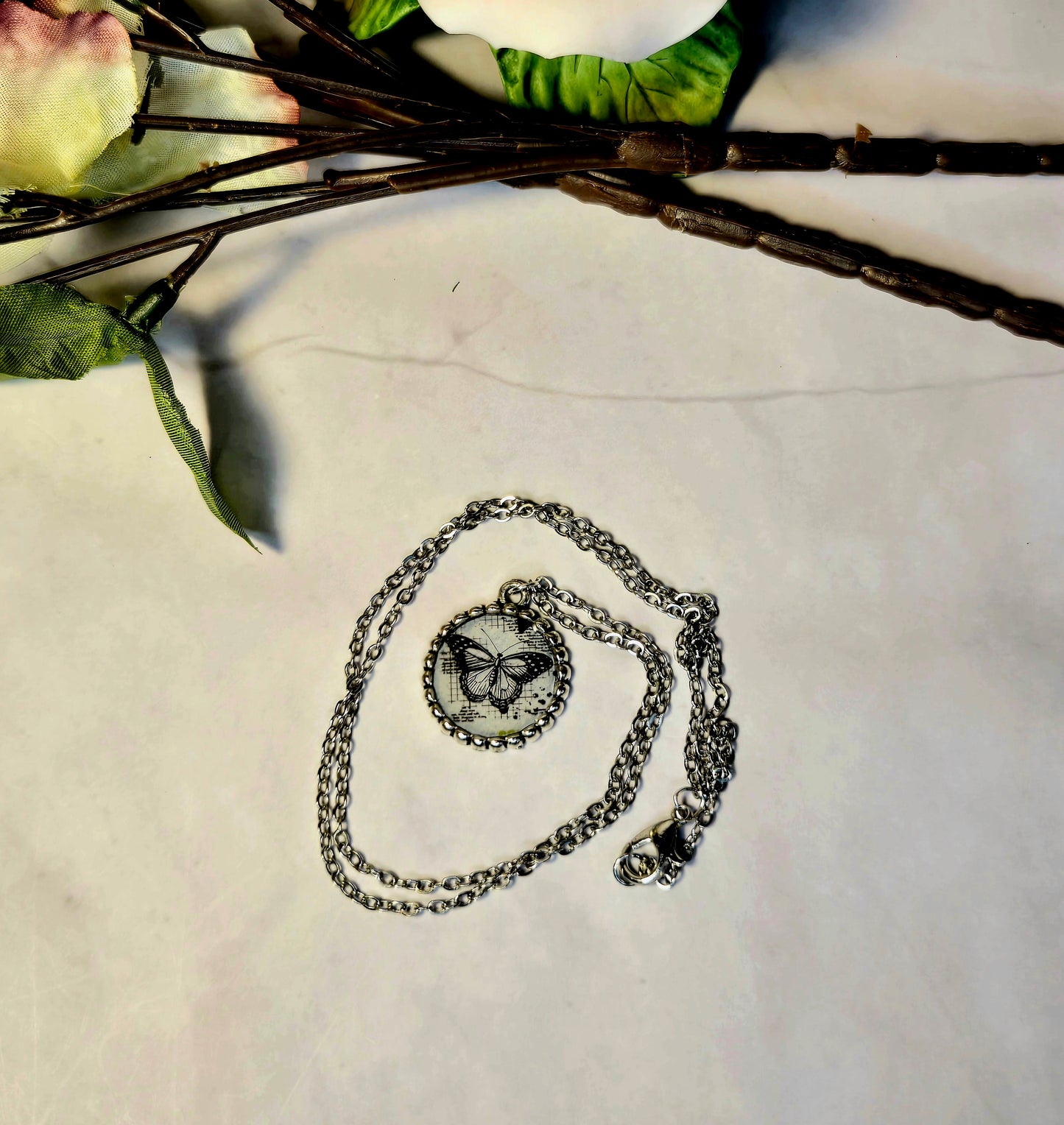 Vintage Butterfly Postcard Pendant Necklace – Silver Chain with Butterfly Charm