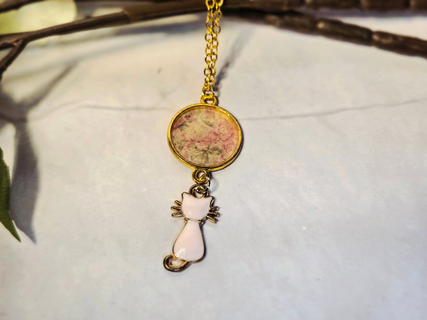 Gold and Pink Pendant Set in Gold with a Cat Charm