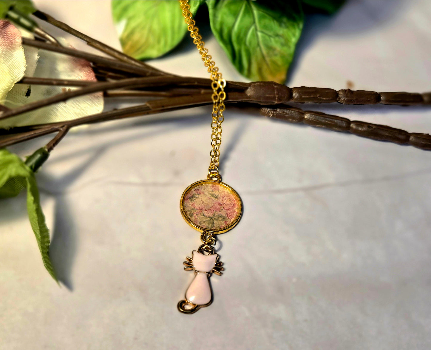 Gold and Pink Pendant Set in Gold with a Cat Charm