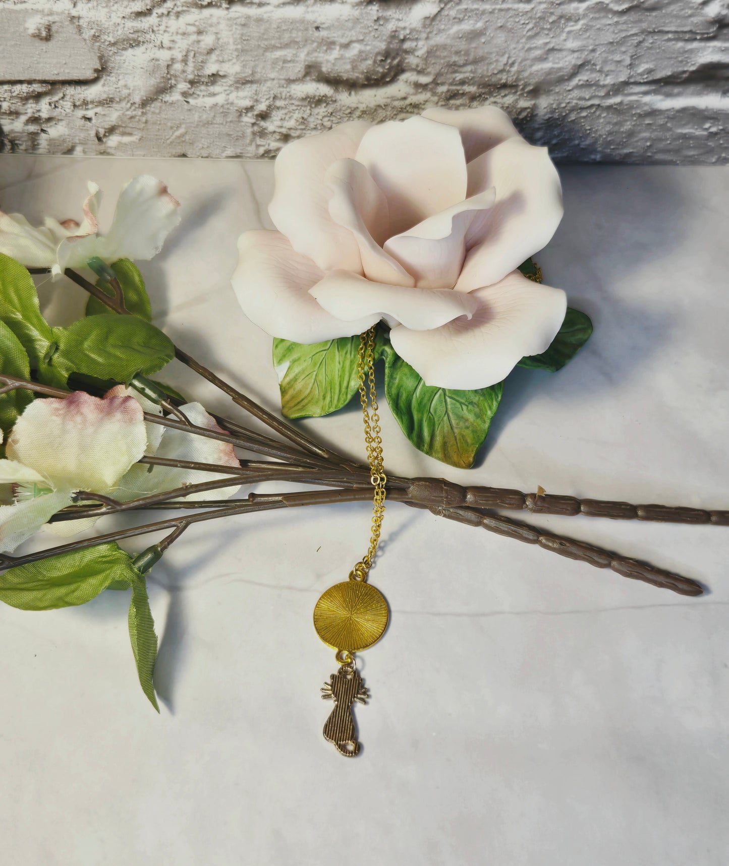 Gold and Pink Pendant Set in Gold with a Cat Charm