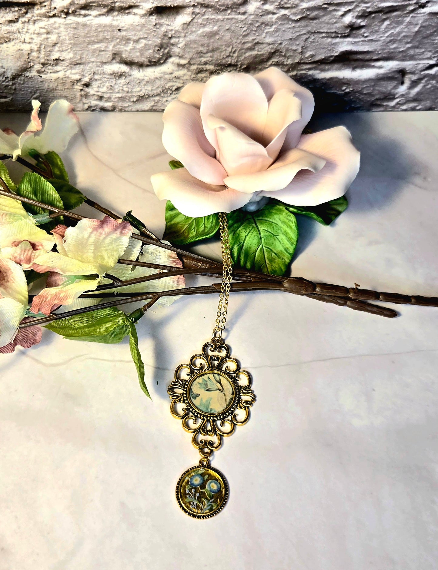 Vintage Flower Pendant Necklace – Antique Brass Double Charm Necklace – Nature Inspired