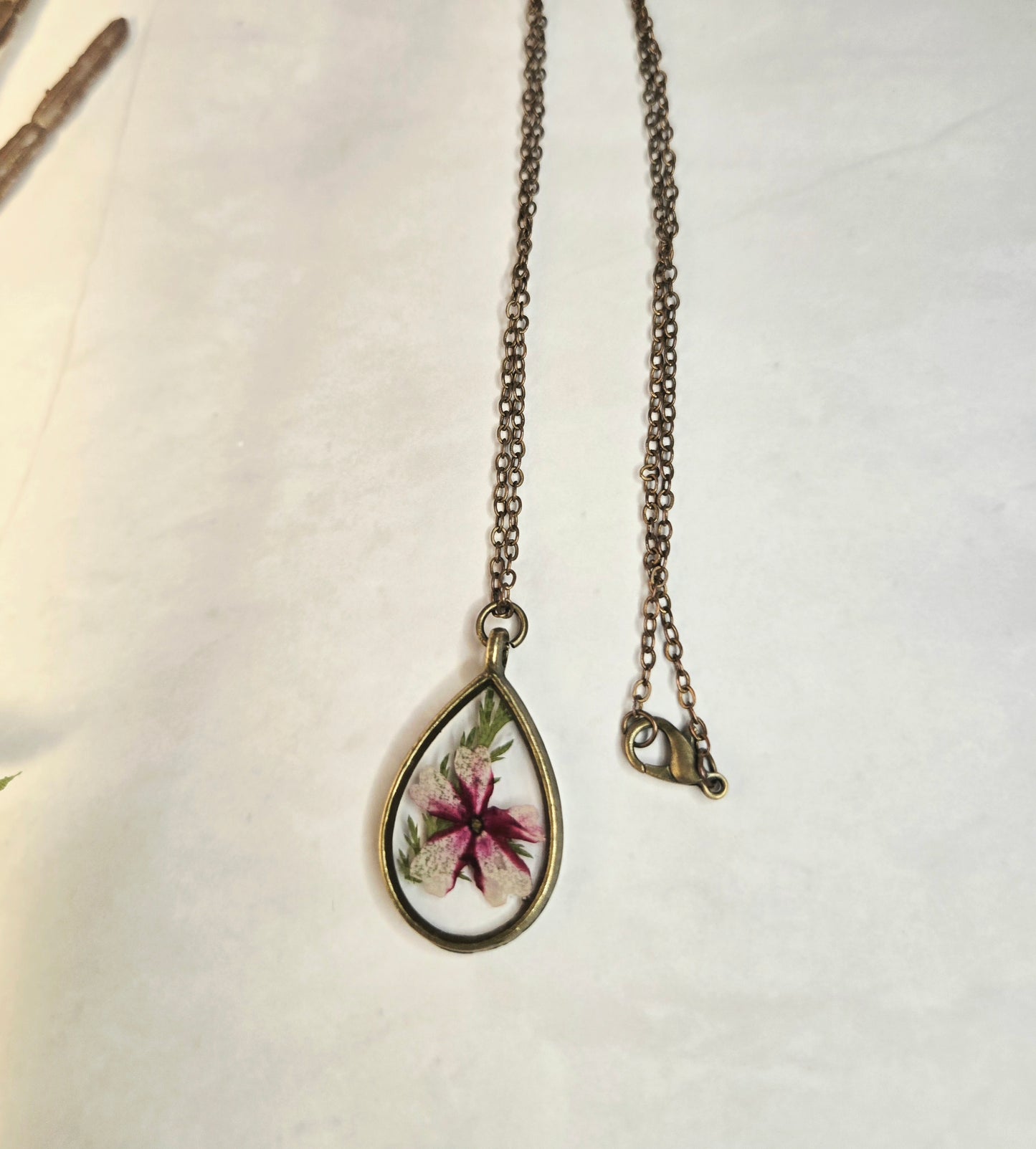 Handcrafted Real Flower Teardrop Pendant Necklace – Gold Chain