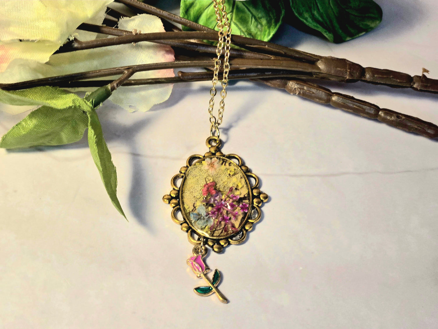 Pink Blossom Necklace • Vintage Cameo Pendant • Romantic Floral Jewelry