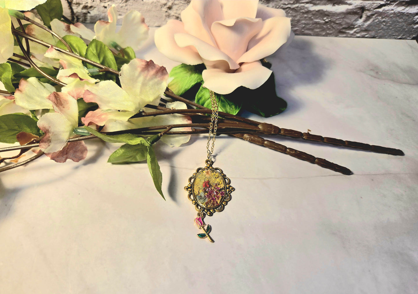 Pink Blossom Necklace • Vintage Cameo Pendant • Romantic Floral Jewelry