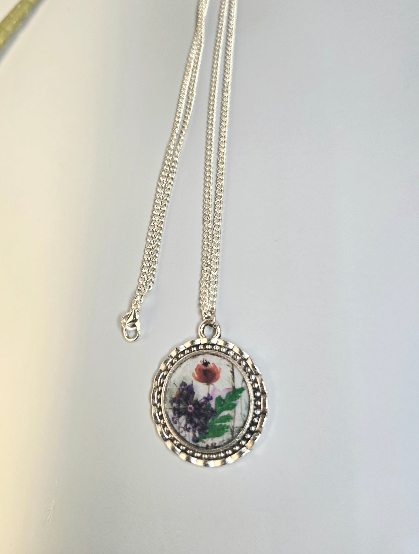 Wildflower Pendant Necklace: Real Dried Blooms, Silver Frame