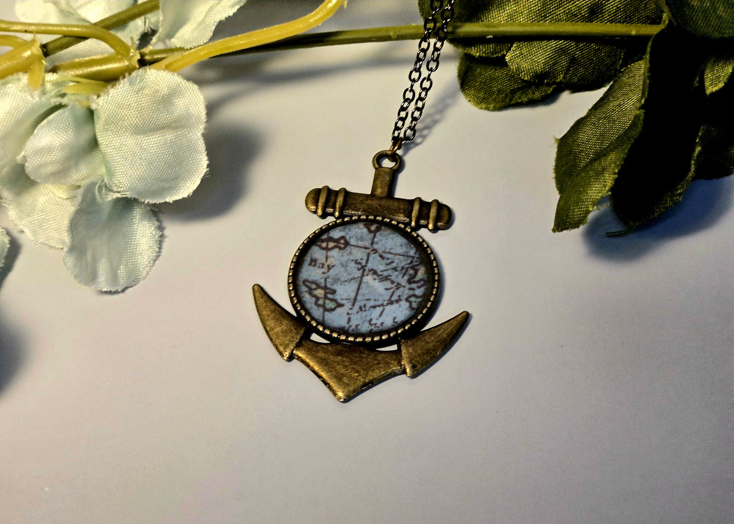 Nautical Anchor Necklace: Vintage Map Pendant, Coastal Jewelry