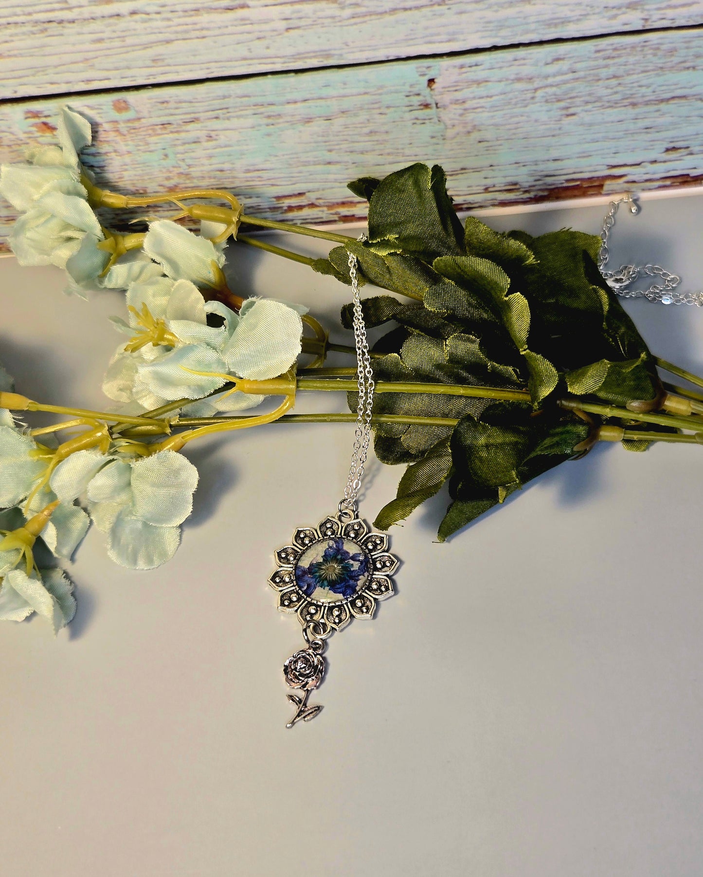 Blue Flower Necklace • Sunburst Pendant with Rose Charm • Vintage Floral Jewelry