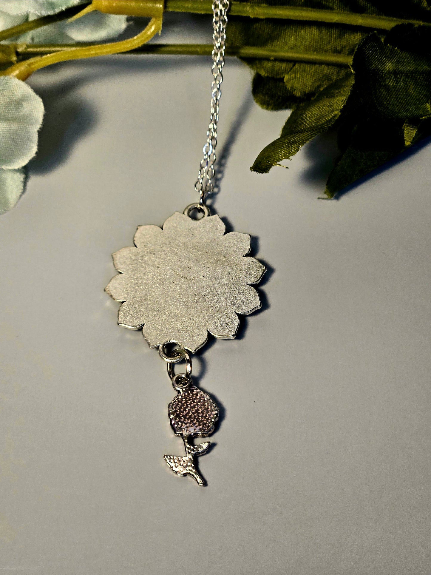 Blue Flower Necklace • Sunburst Pendant with Rose Charm • Vintage Floral Jewelry