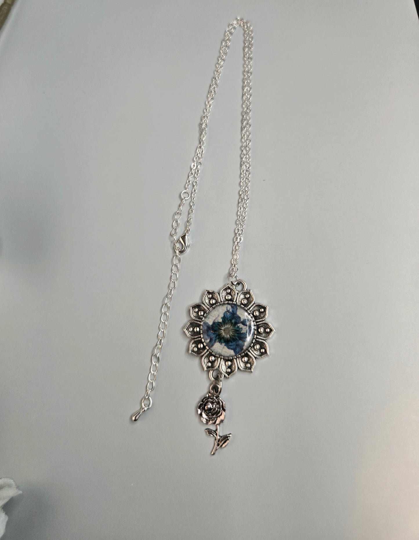 Blue Flower Necklace • Sunburst Pendant with Rose Charm • Vintage Floral Jewelry