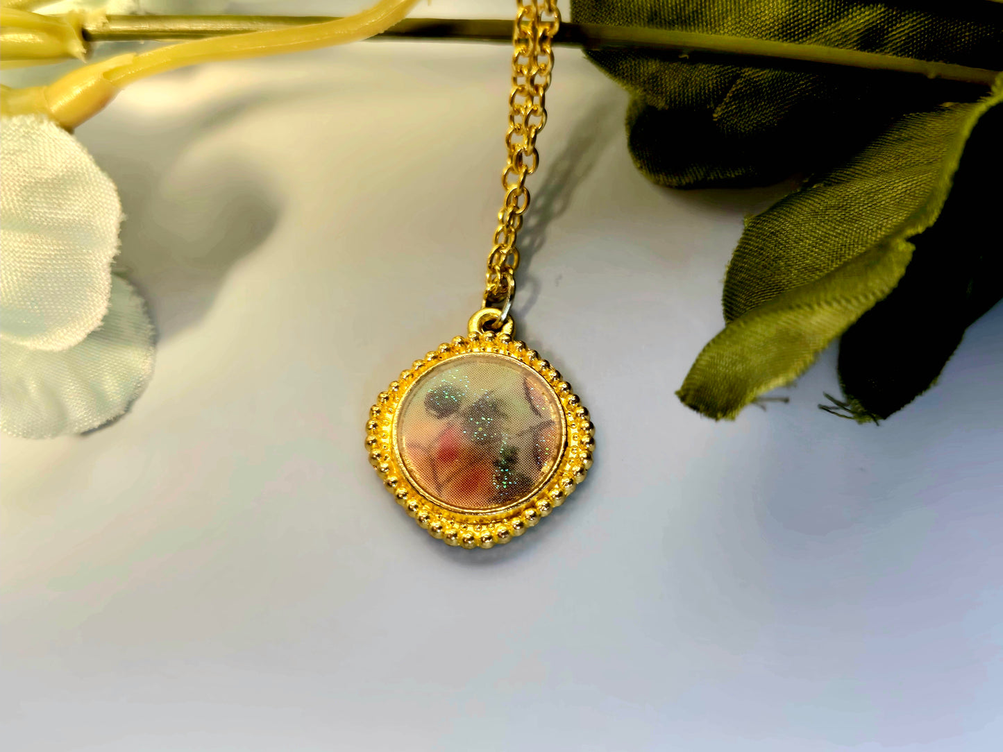 Handmade Spiritual Pendant with Gold Frame | Glitter Resin Charm Necklace Goddess Jewelry