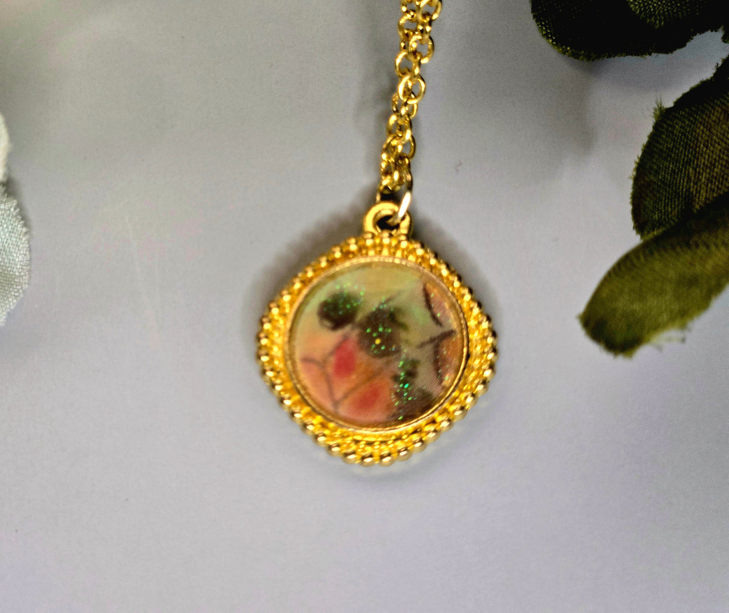 Handmade Spiritual Pendant with Gold Frame | Glitter Resin Charm Necklace Goddess Jewelry