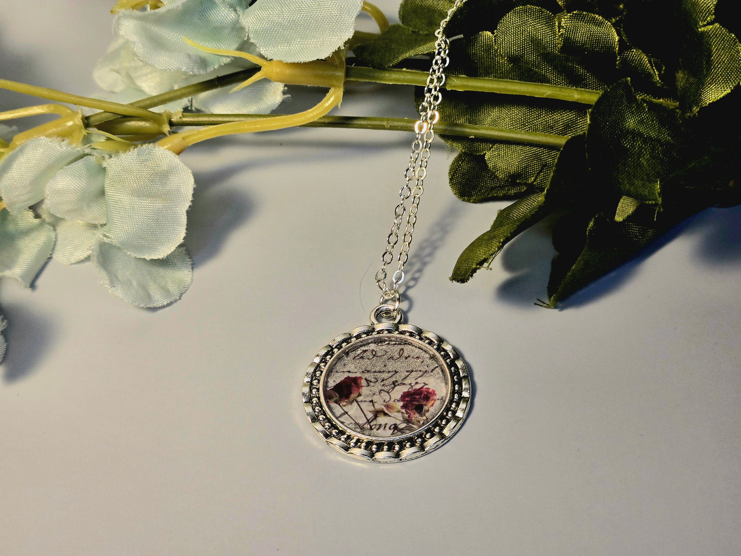 Vintage Rose Pendant Necklace: Antique Silver Script Jewelry