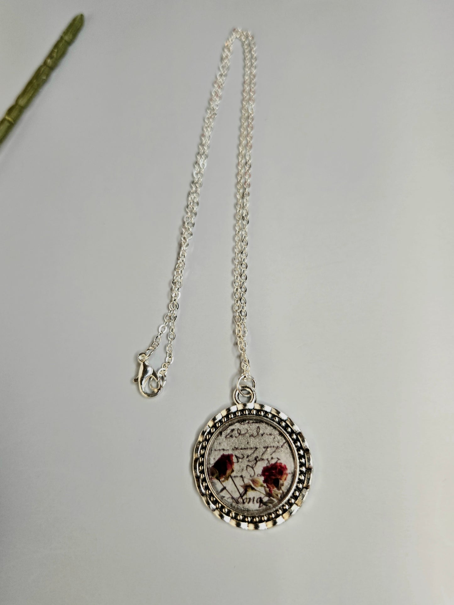 Vintage Rose Pendant Necklace: Antique Silver Script Jewelry