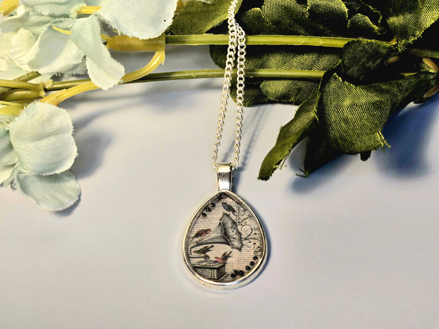Whimsical Teardrop Pendant Necklace: Vintage Bird Collage, Resin Charm