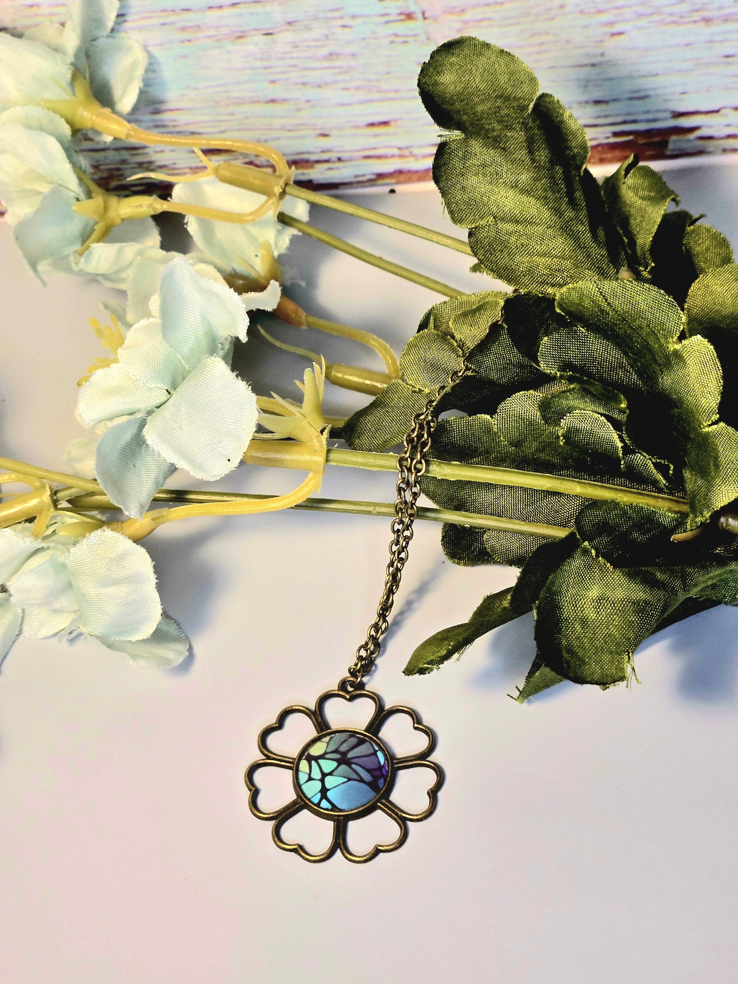 Mosaic Flower Necklace: Handmade Blue Green Glass Pendant