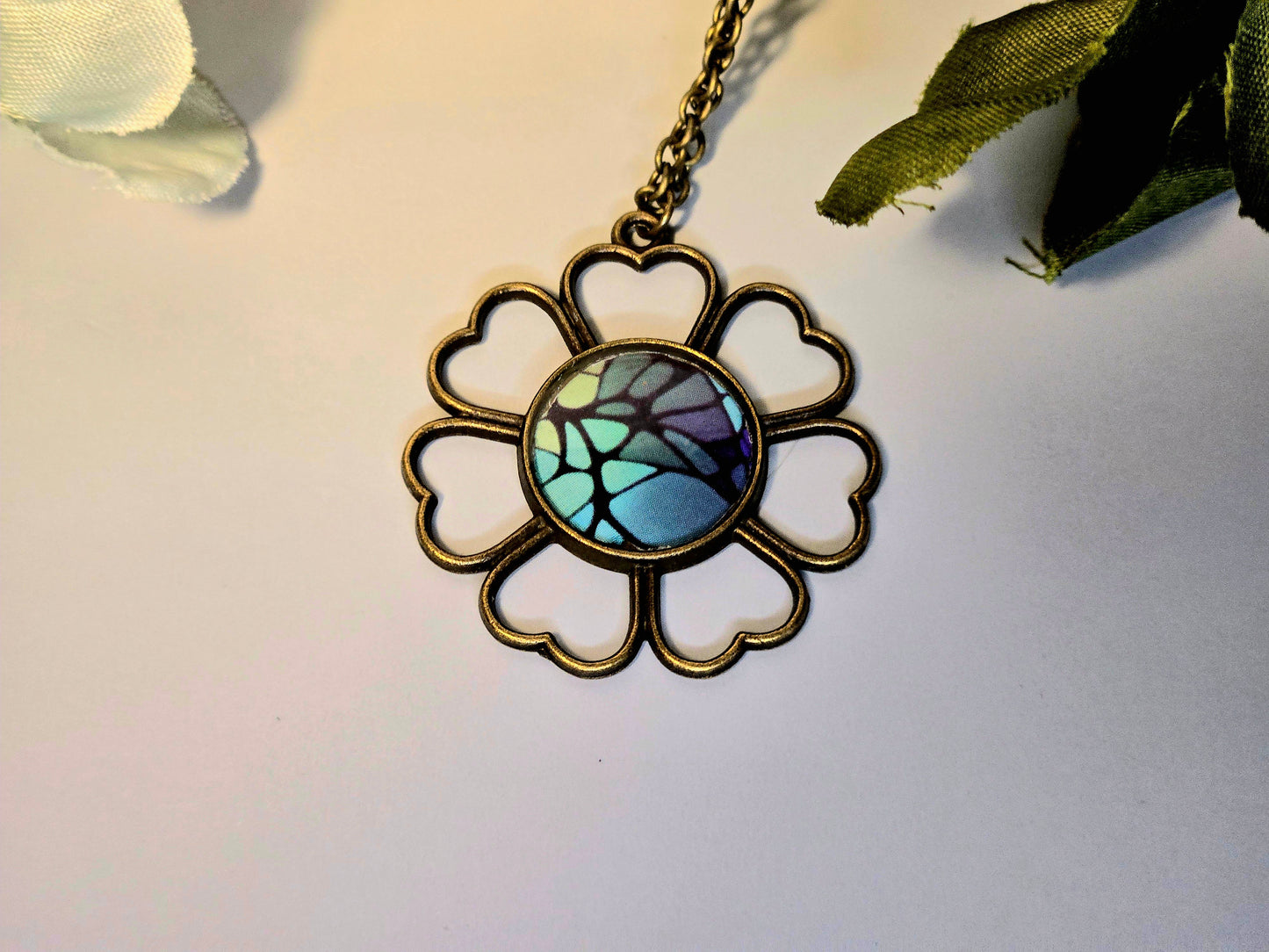 Mosaic Flower Necklace: Handmade Blue Green Glass Pendant