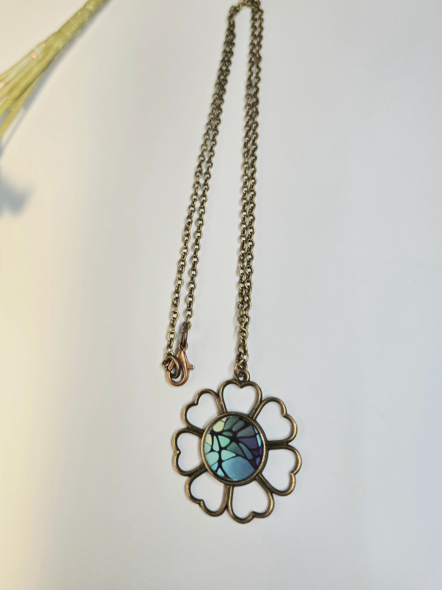 Mosaic Flower Necklace: Handmade Blue Green Glass Pendant