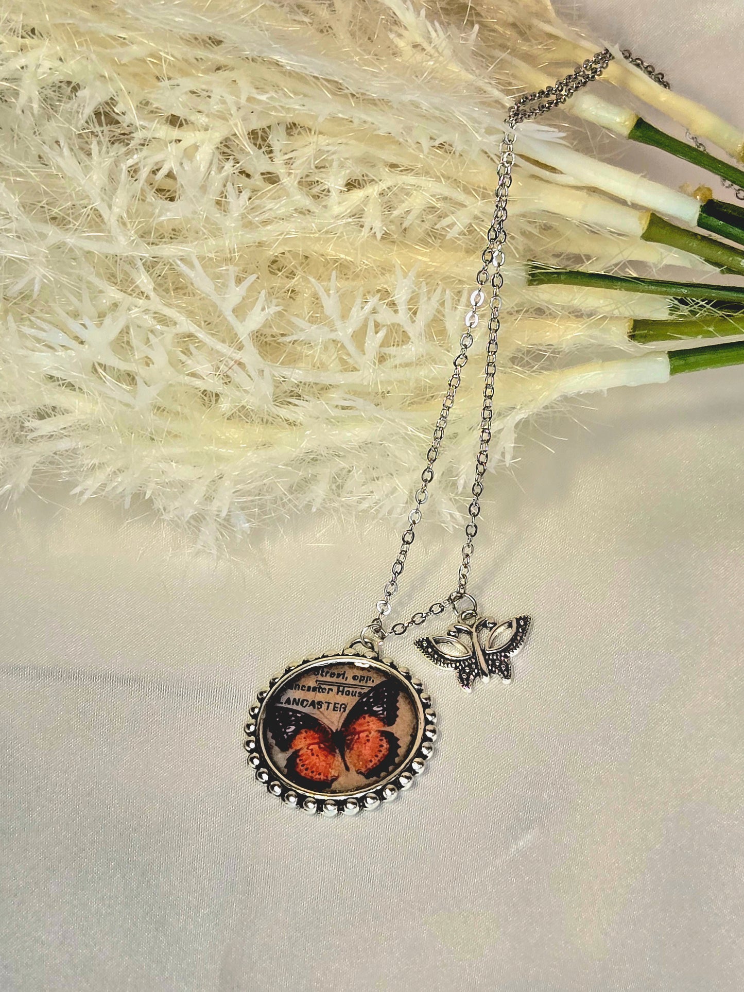 Butterfly Pendant Necklace – Vintage Monarch Illustration with Silver Butterfly Charm