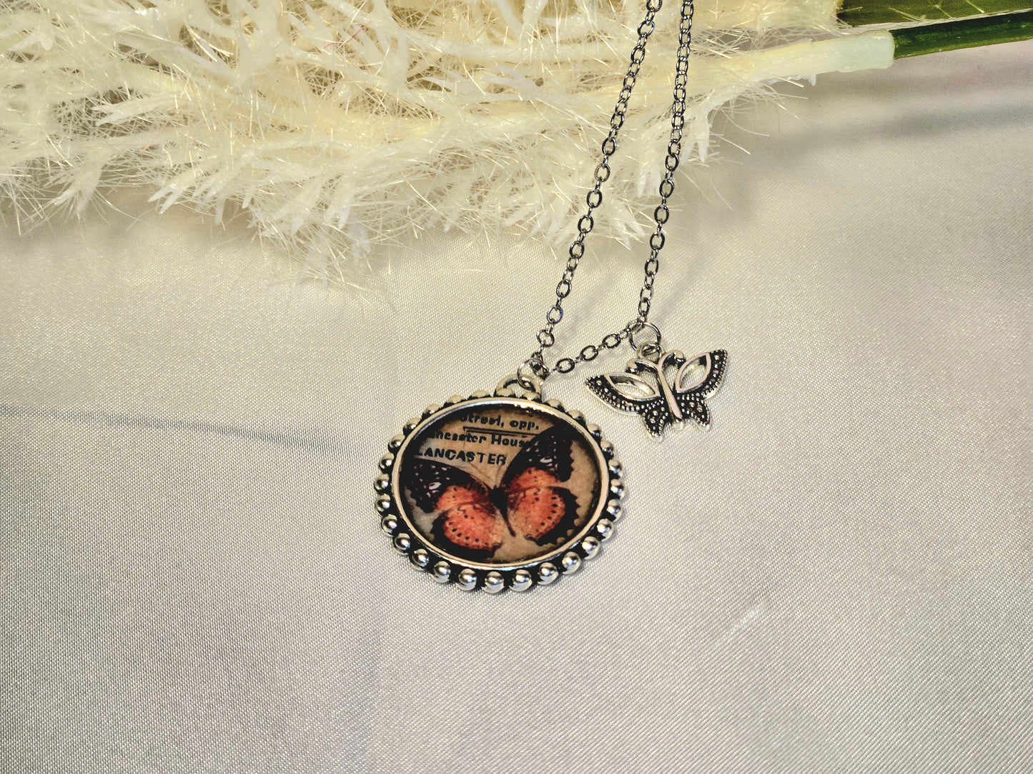 Butterfly Pendant Necklace – Vintage Monarch Illustration with Silver Butterfly Charm