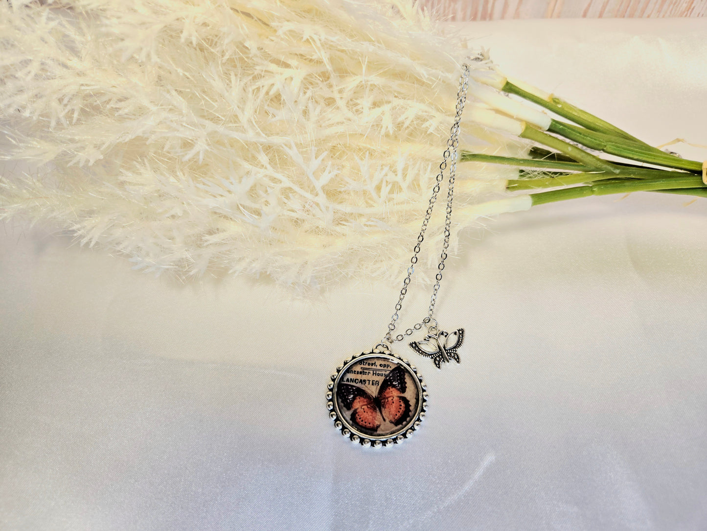 Butterfly Pendant Necklace – Vintage Monarch Illustration with Silver Butterfly Charm