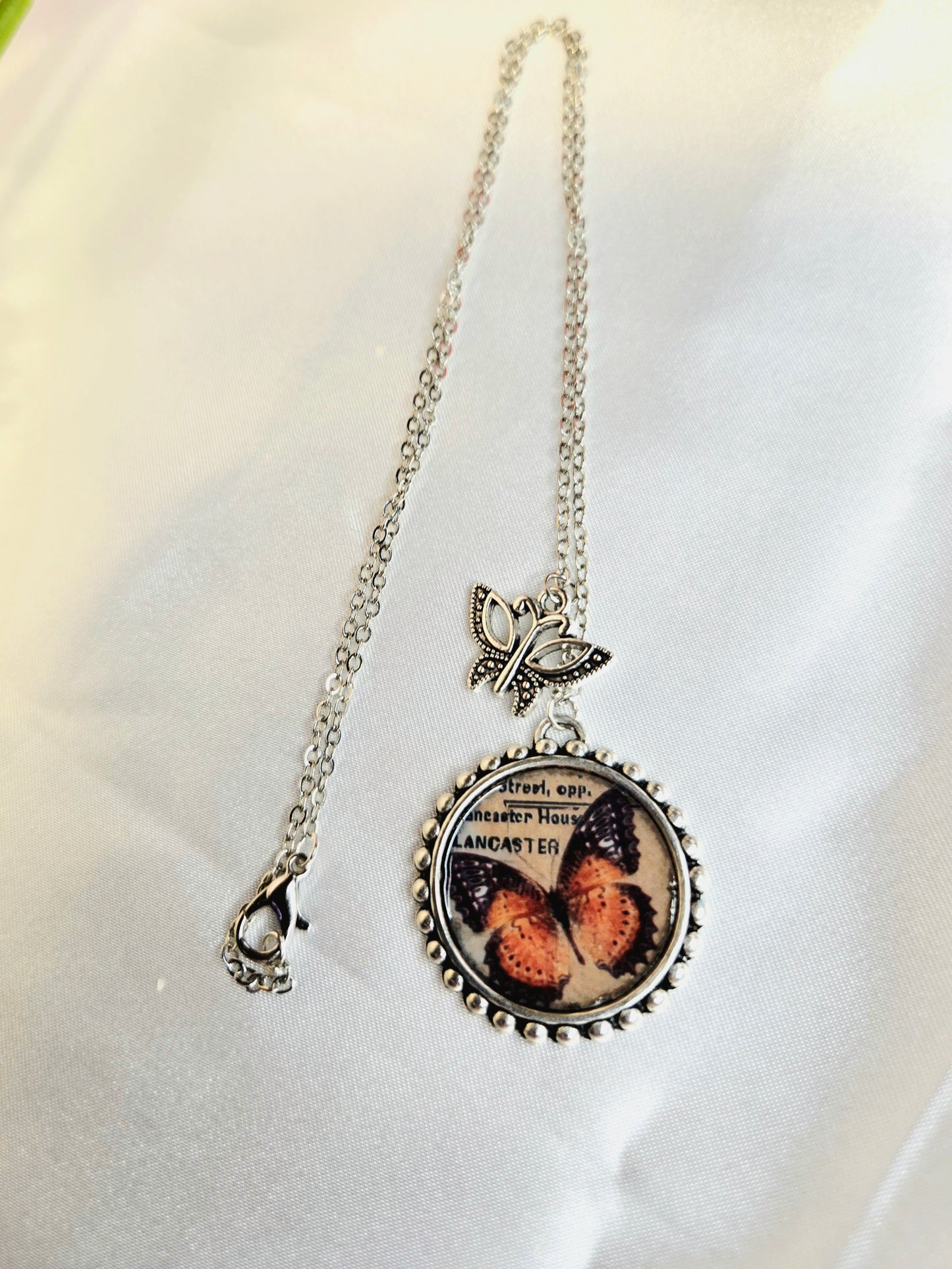 Butterfly Pendant Necklace – Vintage Monarch Illustration with Silver Butterfly Charm