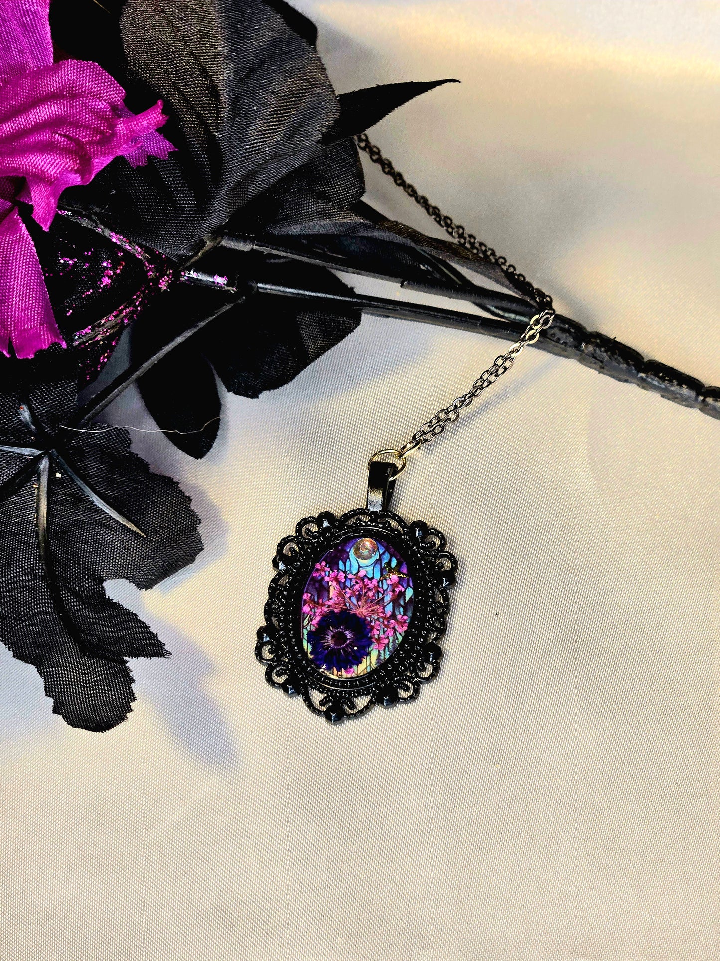 Galaxy Pendant Necklace – Cosmic Purple Nebula Jewelry in Vintage Silver Frame