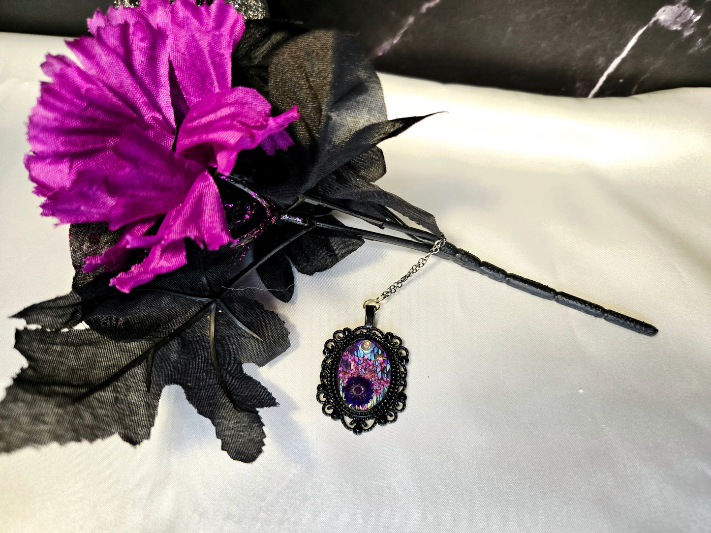 Galaxy Pendant Necklace – Cosmic Purple Nebula Jewelry in Vintage Silver Frame
