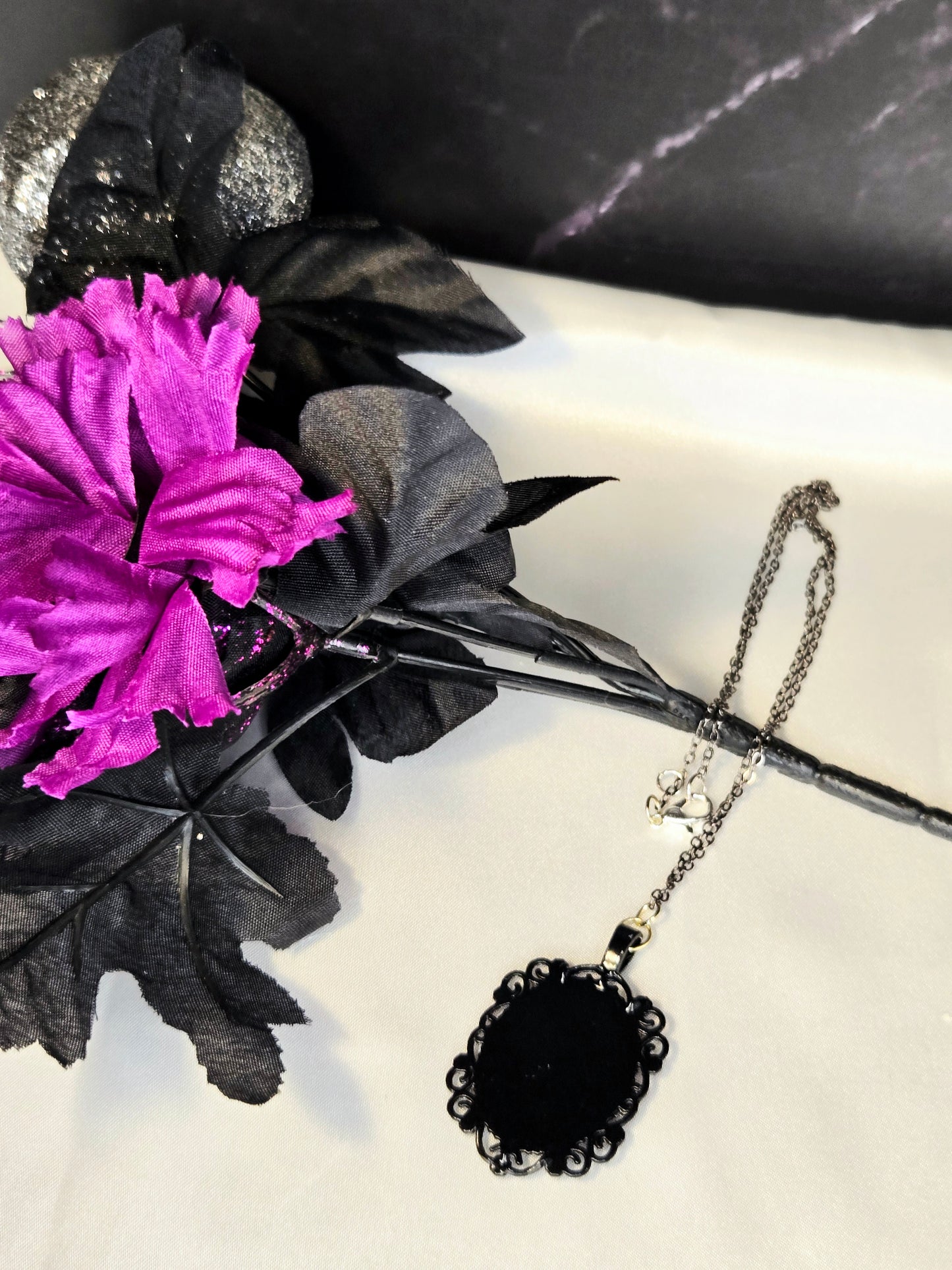 Galaxy Pendant Necklace – Cosmic Purple Nebula Jewelry in Vintage Silver Frame