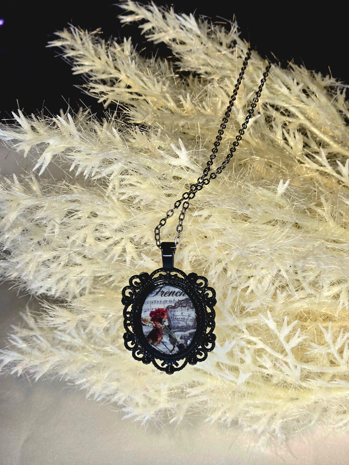 Gothic Victorian Rose Necklace on a Black Pendant