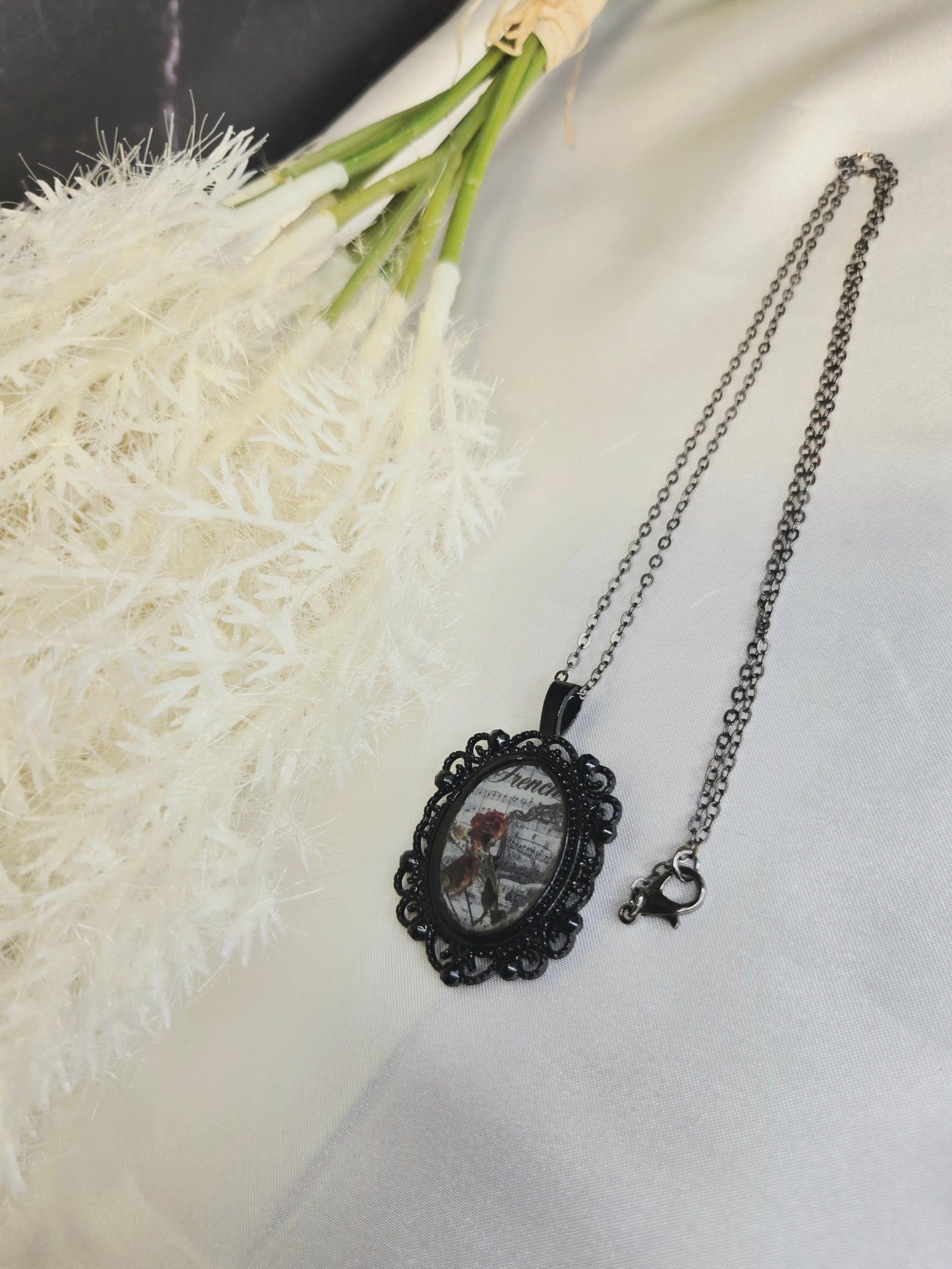 Gothic Victorian Rose Necklace on a Black Pendant