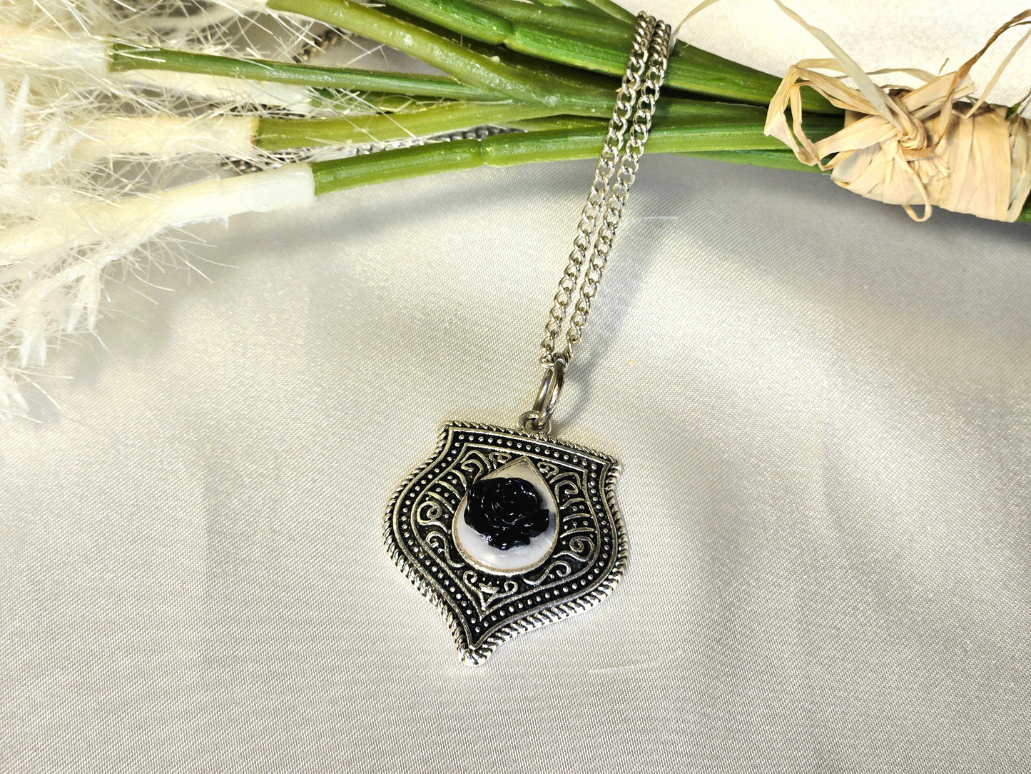 Black Rose Necklace • Gothic Shield Pendant • Dark Romantic Jewelry