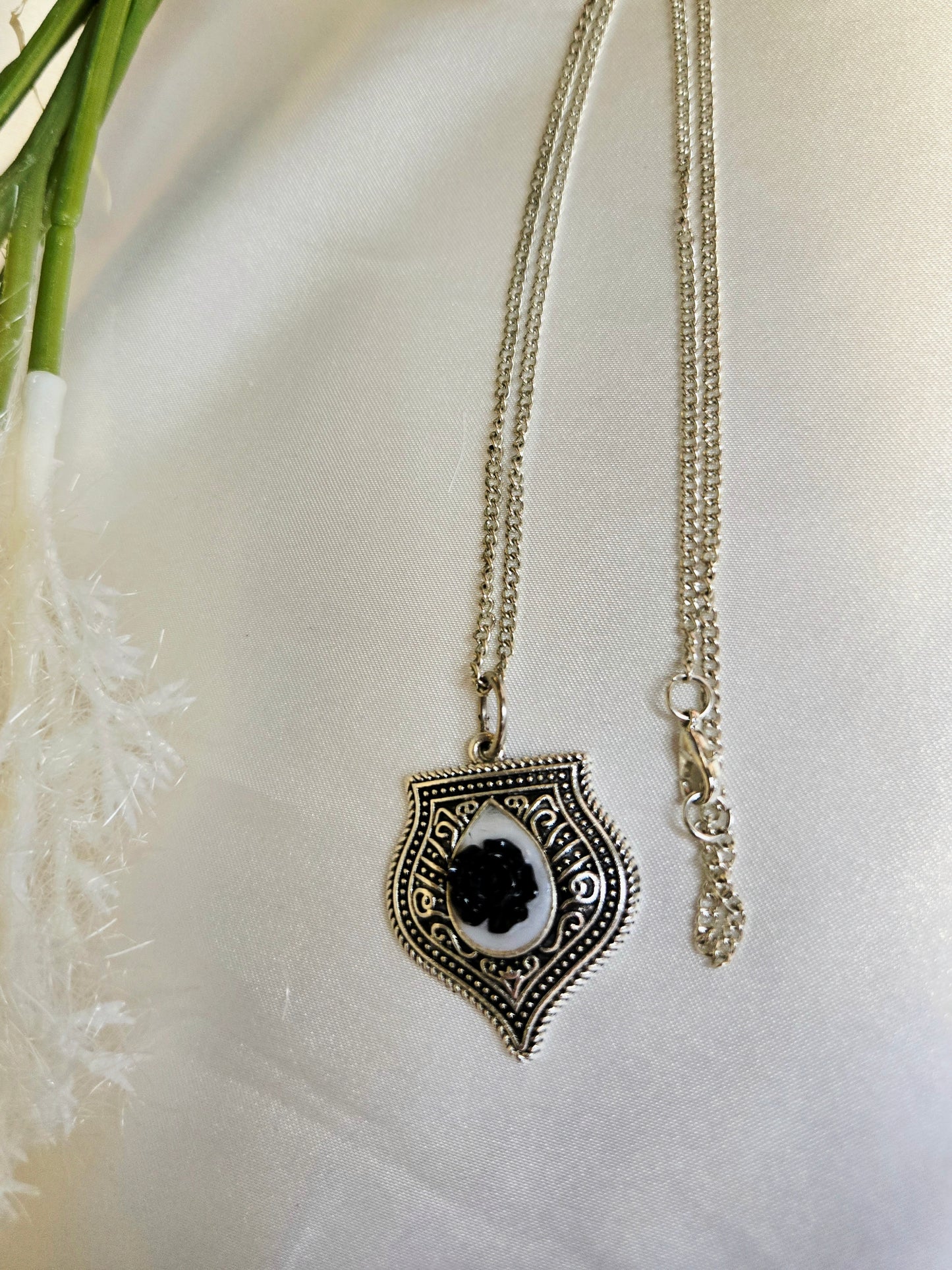 Black Rose Necklace • Gothic Shield Pendant • Dark Romantic Jewelry