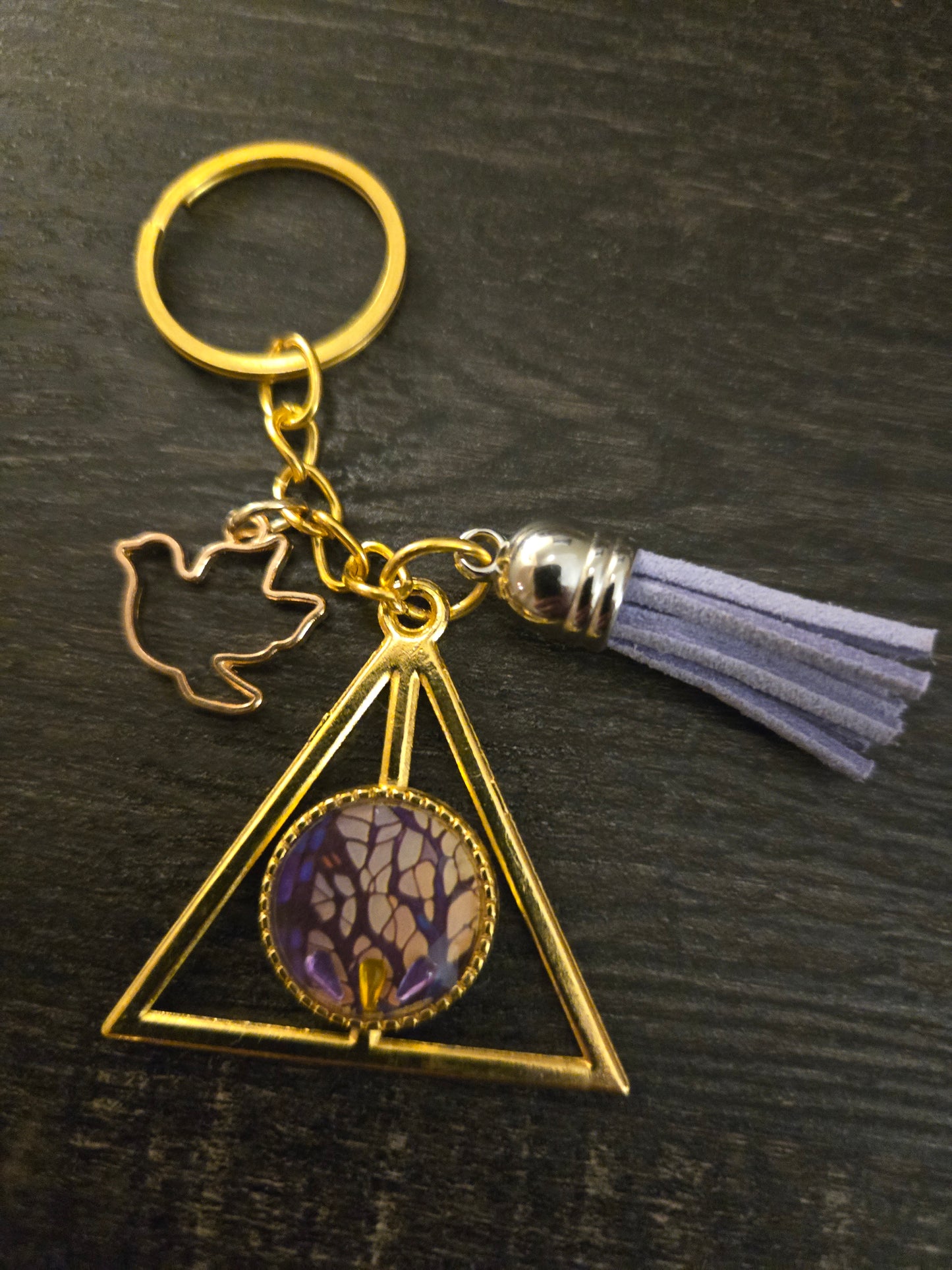 Geometric Triangle Keychain with Purple Pendant & Tassel – Boho Chic Charm Gift