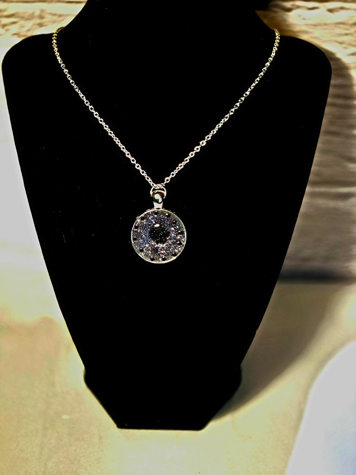 Silver Glitter Pendant Necklace with Black Rose Detail