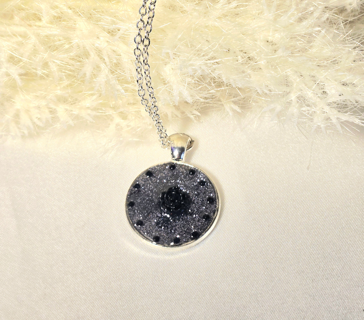 Silver Glitter Pendant Necklace with Black Rose Detail