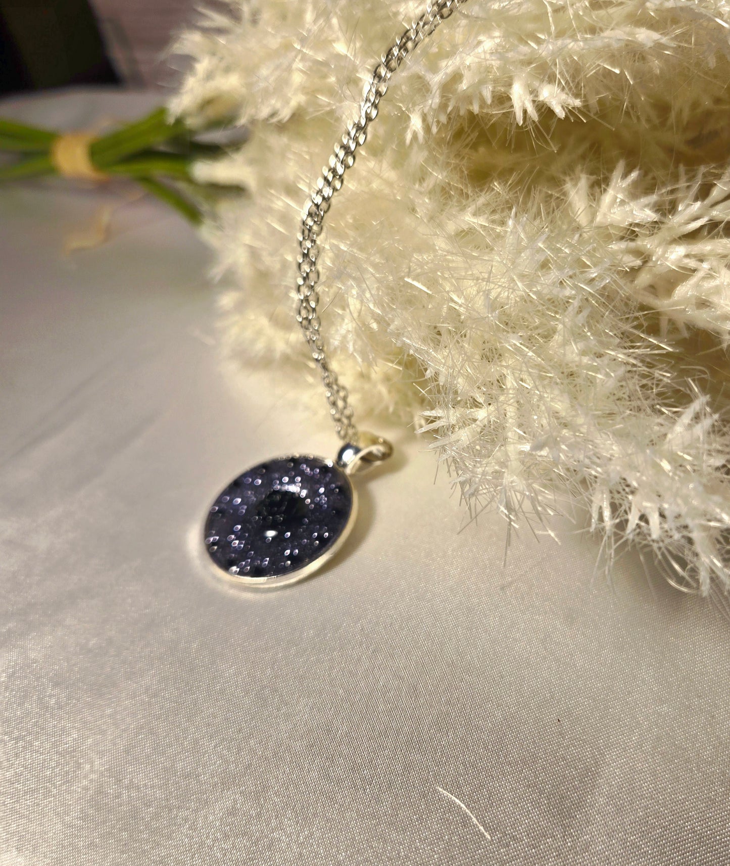 Silver Glitter Pendant Necklace with Black Rose Detail